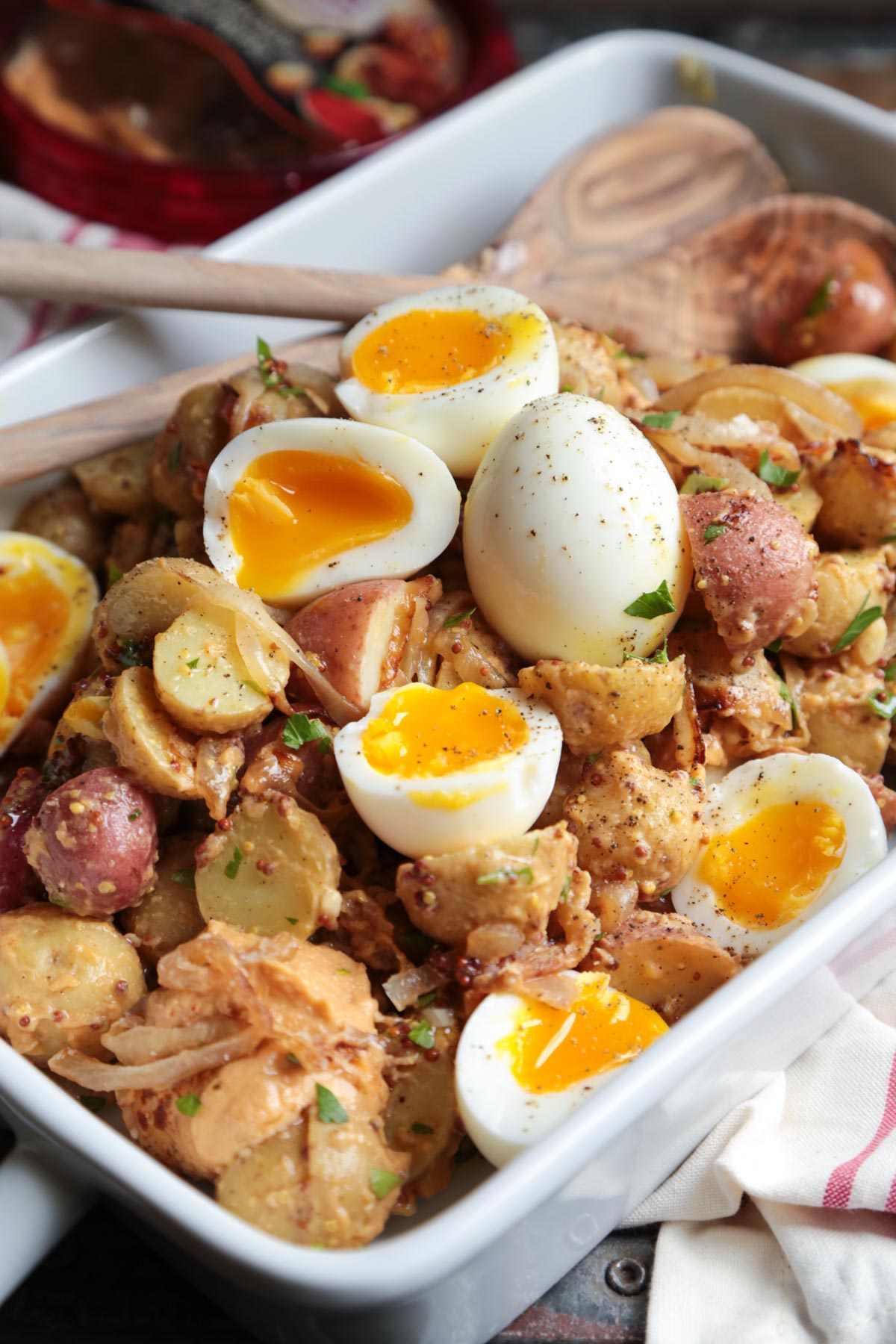 Caramelized Onion and Hummus Potato Salad with Soft Boiled Eggs