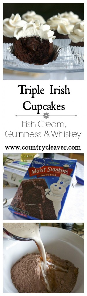 Triple Irish Cupcakes - With Irish Cream Buttercream, Chocolate Stout Cupcakes and Whiskey Chocolate Ganache Inside - www.countrycleaver.com.jpg