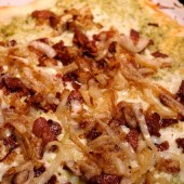 Close-up of Bacon & Onion Pizza