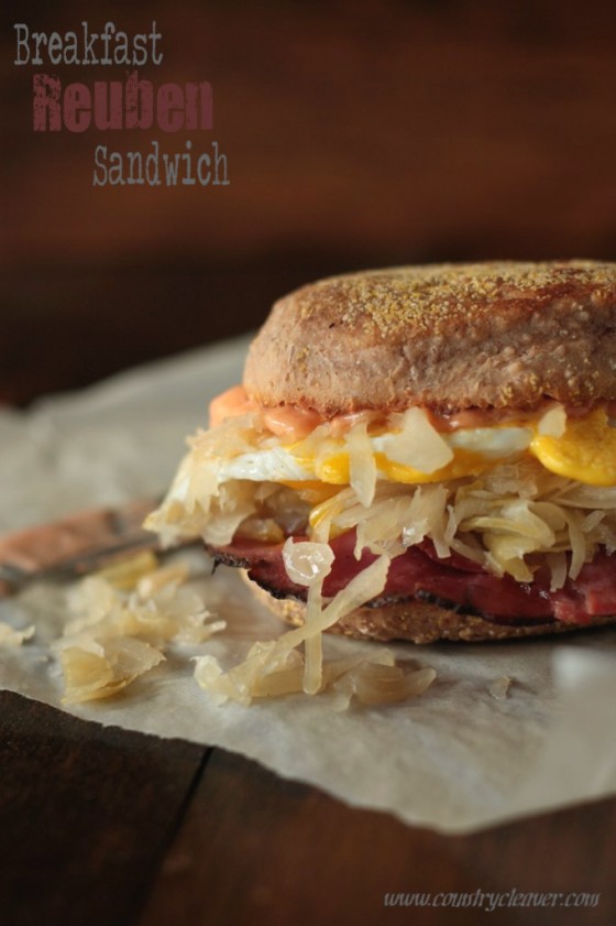 Breakfast Reuben Sandwich with Pumpernickel English Muffins - www.countrycleaver.com
