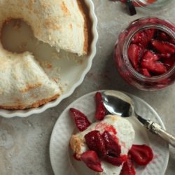 Overhead view of Angel Food Cake with strawberries