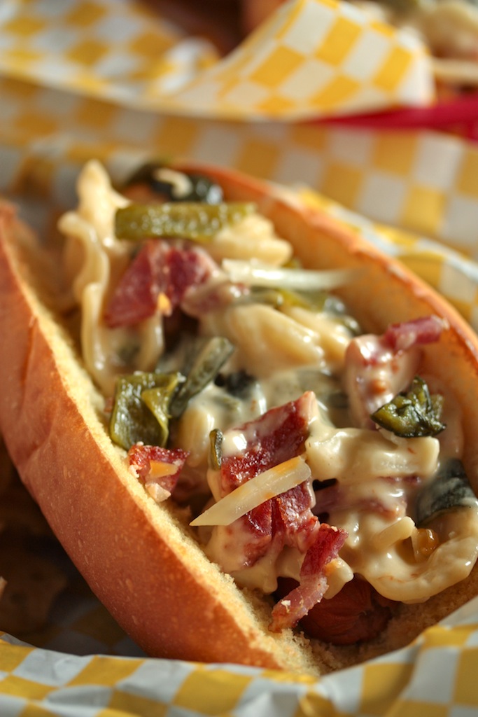 Roasted Poblano Bacon Mac and Cheese Hot Dog - www.countrycleaver.com