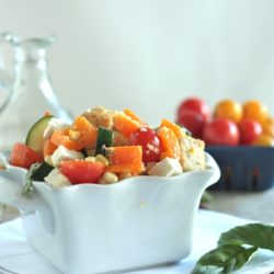 Summer Vegetable Panzanella in a square bowl