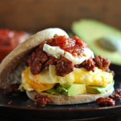 Close-up of Chorizo and Egg Breakfast Sandwich on a plate