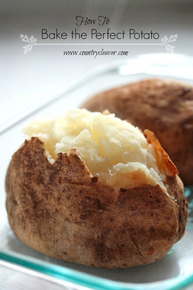How to Bake the Perfect Potato in a glass dish against a white background