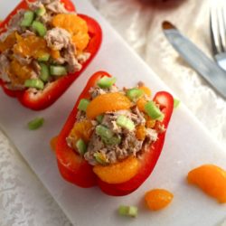 Overhead view of sweet and tangy tuna stuffed peppers