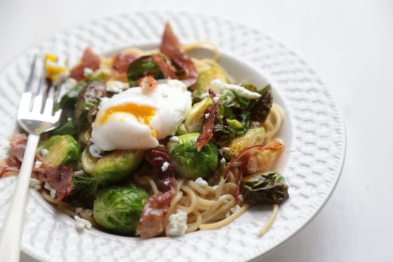 Roasted Brussels Sprouts and Proscuitto Goat Cheese Pasta - www.countrycleaver.com
