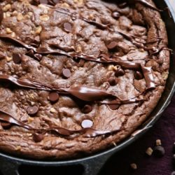 Overhead view of Double Chocolate Toffee Nutella Skillet Brownie