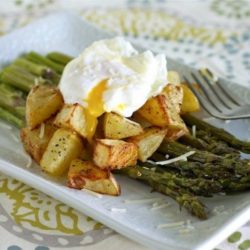 Roasted Asparagus and Potatoes with a poached egg on top