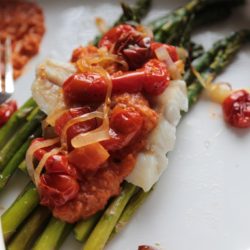 30 Minute Roast Asparagus and Cod with Rustic Tomato Sauce