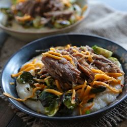 Pulled Pork with Chipotle Cheese Grits and Roasted Vegetables - www.countrycleaver.com