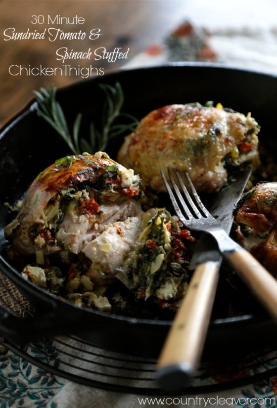 30 Minute Sundried Tomato Spinach Stuffed Chicken Thighs  - www.countrycleaver.com