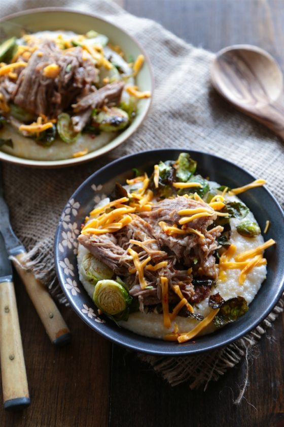 Pulled Pork with Chipotle Cheese Grits and Roasted Vegetables - www.countrycleaver.com