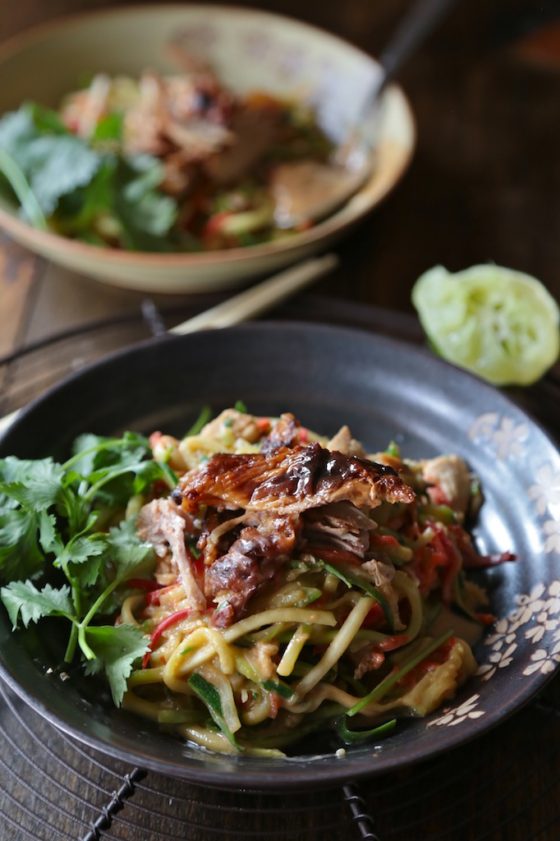 Zucchini and Bell Pepper Noodles with Peanut Sauce - You won't even miss those carb filled noodles with these vegetable "noodles" in peanut sauce! www.countrycleaver.com