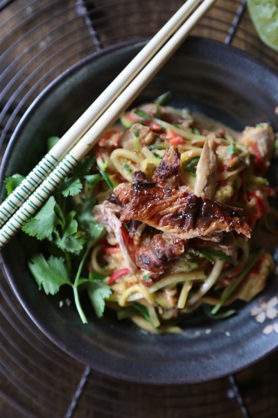 Zucchini and Bell Pepper Noodles with Peanut Sauce - You won't even miss those carb filled noodles with these vegetable "noodles" in peanut sauce! www.countrycleaver.com