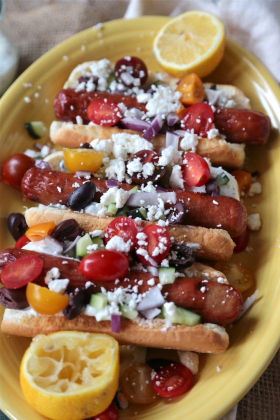 Greek Hot Dog - www.countrycleaver.com with homemade tsaziki sauce!