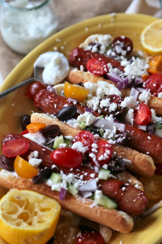 Greek Hot Dog - www.countrycleaver.com with homemade tsaziki sauce!