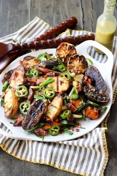 Tricolor Grilled Potato Salad with Bacon, Spring Onions and Mustard Vinaigrette - Wicked Spatula
