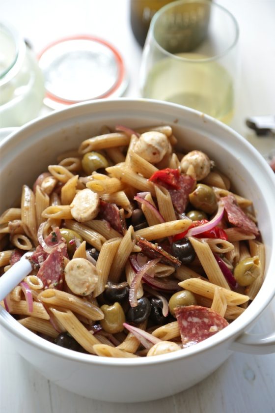 Antipasto Pasta Salad - www.countrycleaver.com :: The perfect picnic salad with herbed salami, fresh mozzarella, red onion, and feta cheese! Don't forget the shallot balsamic vinaigrette! All made in one bowl. 