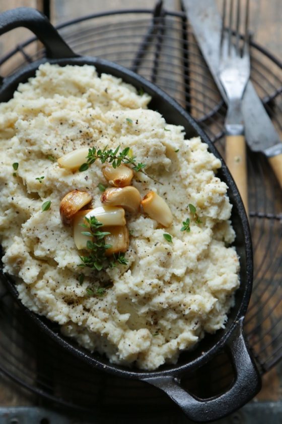 Roasted Garlic Whipped Cauliflower - www.countrycleaver.com You won't even be able to tell these aren't mashed potatoes!! I SWEAR!