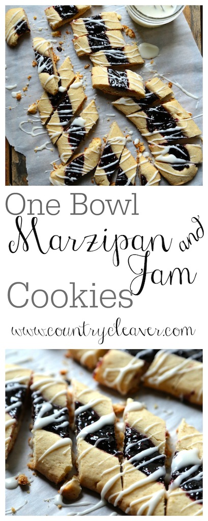 One Bowl Marzipan Almond Jam Cookies - These can be made in the food processor to save time AND dishes!! - www.countrycleaver.com