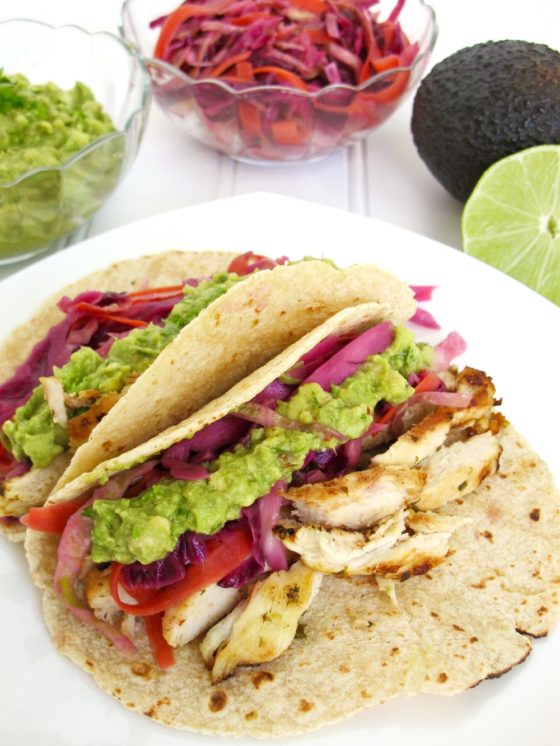 Chicken Tacos with Spicy Cabbage Slaw and Guacamole--www.countrycleaver.com