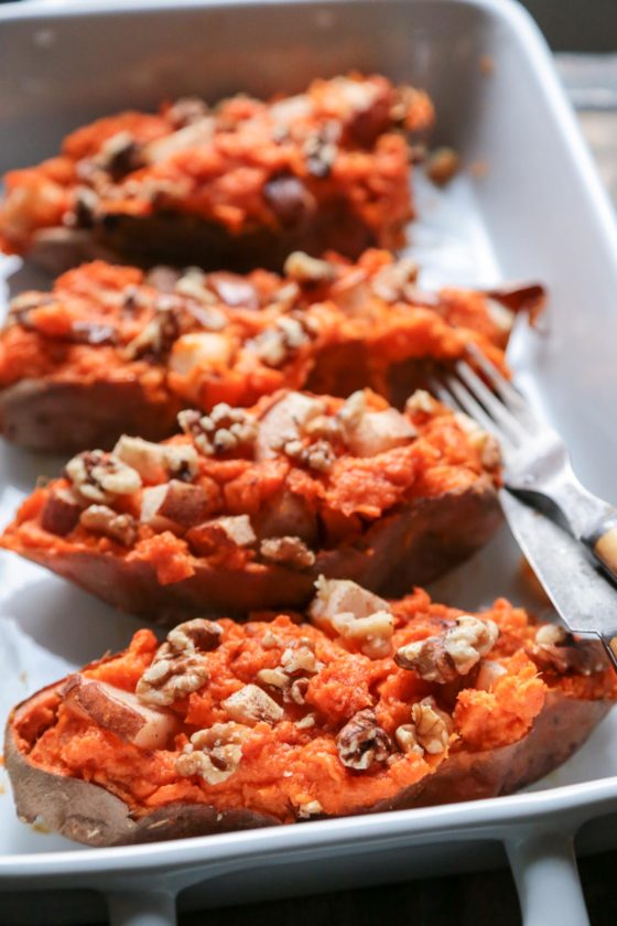 Ginger Pear Twice Baked Sweet Potatoes - www.countrycleaver.com Grain free, Paleo, Vegetarian, and Whole30 Approved! 