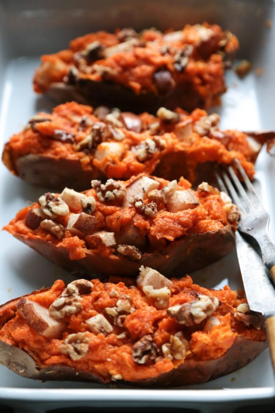 Ginger Pear Twice Baked Sweet Potatoes - www.countrycleaver.com Grain free, Paleo, Vegetarian, and Whole30 Approved! 
