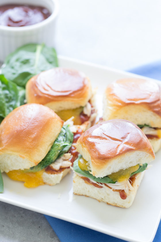 BBQ Chicken Sliders with Cheddar and Spinach--www.countrycleaver.com