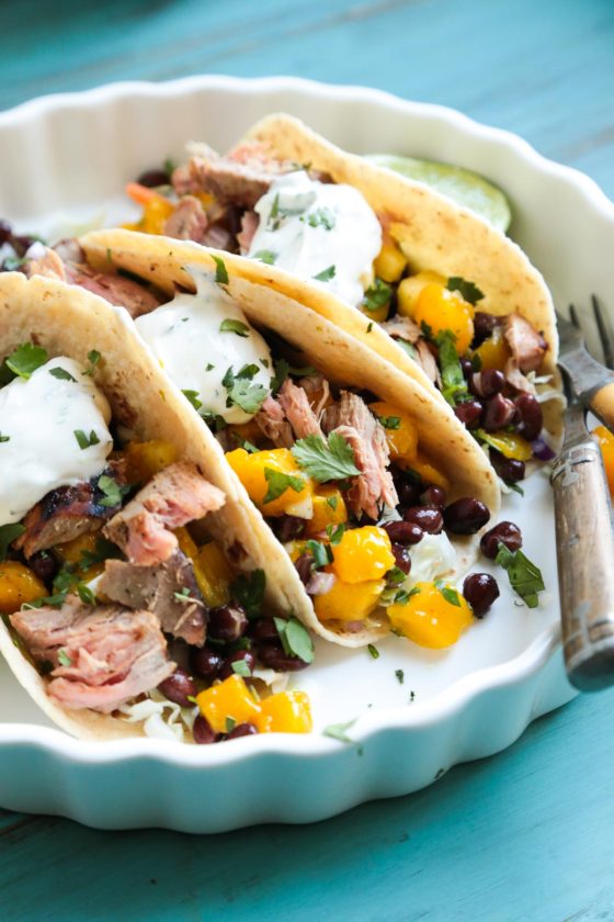 Grilled Tuna Soft Tacos with Mango Black Bean Salsa - Light up the grill for this lean and healthy meal!