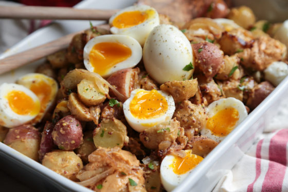 Caramelized Onion and Hummus Potato Salad with 7 Minute Soft Boiled Egg