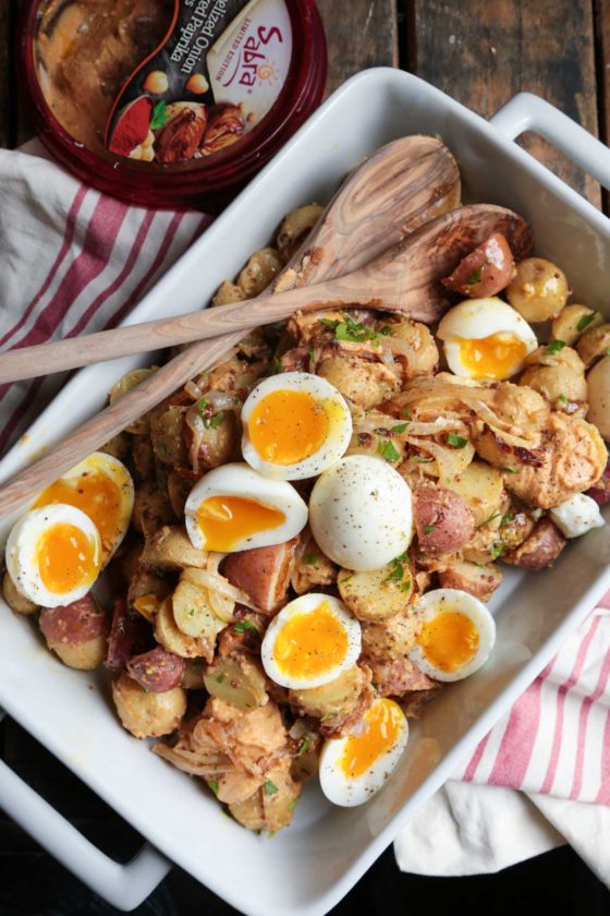 Caramelized Onion and Hummus Potato Salad with 7 Minute Soft Boiled Egg