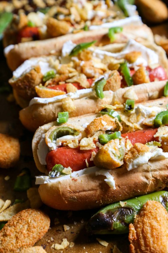 Jalapeno Popper Hot Dogs - Spicy and Creamy and Crunchy with Jalapeno Kettle Chips on top! Happy holiday grilling! 