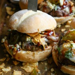 Southwest BBQ Bacon Burger - with crispy bacon, grilled corn, cowboy candied jalapenos, and jalapeno chips