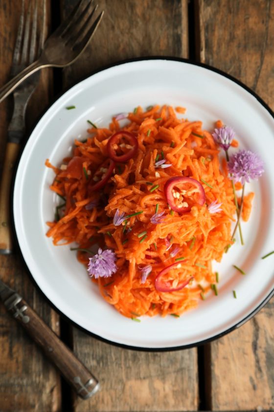 Carrot Salad with Chile Sesame Vinaigrette - an easy summer salad recipe with Asian flavors and flair!