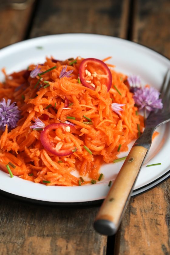 Carrot Salad with Chile Sesame Vinaigrette - an easy summer salad recipe with Asian flavors and flair!