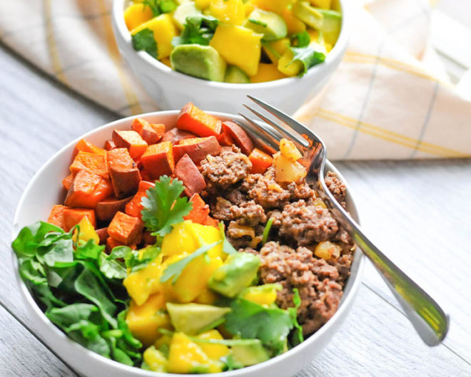 Pineapple+Beef+Bowls+with+Mango+Avocado+Salsa.+A+quick,+easy,+healthy+real+food+recipeFIFTY Whole30 Compliant Recipes for Your New Year!
