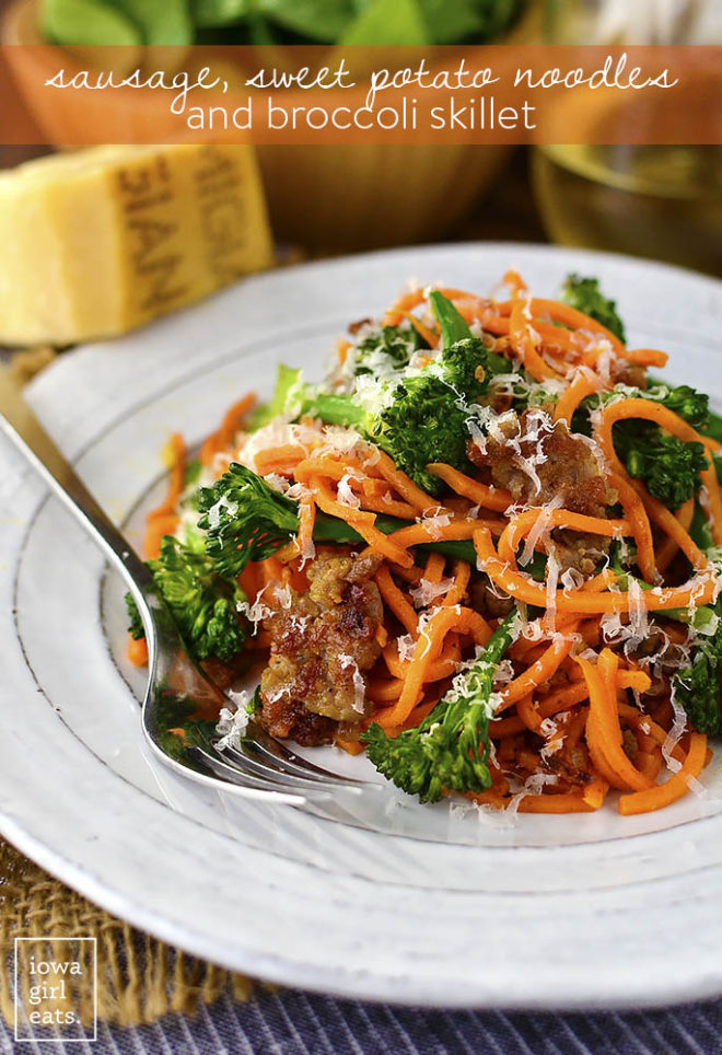 Sausage-Sweet-Potato-Noodles-and-Broccoli-Skillet-iowagirleats-50 One Skillet Dinners