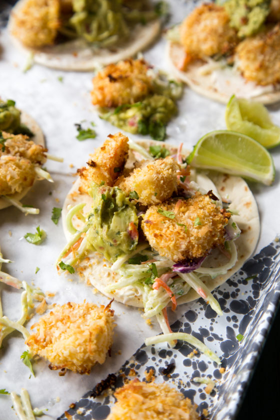 Crispy Coconut Shrimp Soft Tacos with Lime Cilantro Broccoli Slaw