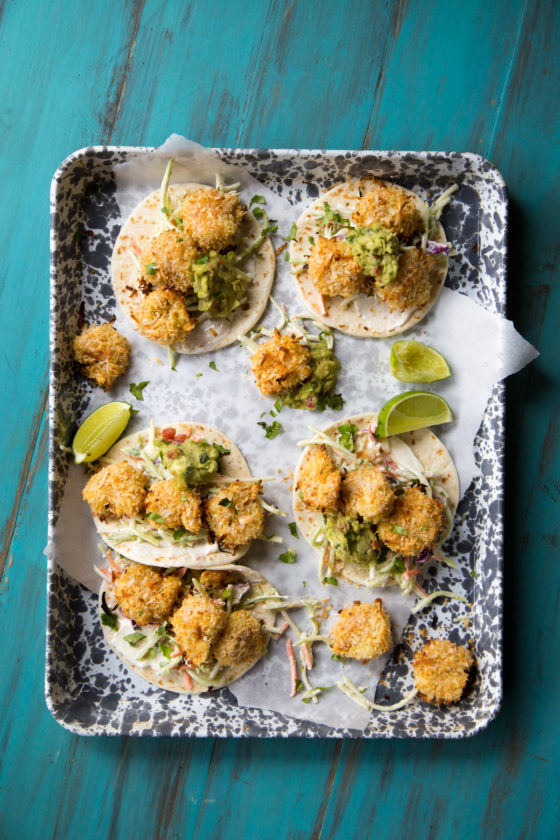 Crispy Coconut Shrimp Soft Tacos with Lime Cilantro Broccoli Slaw