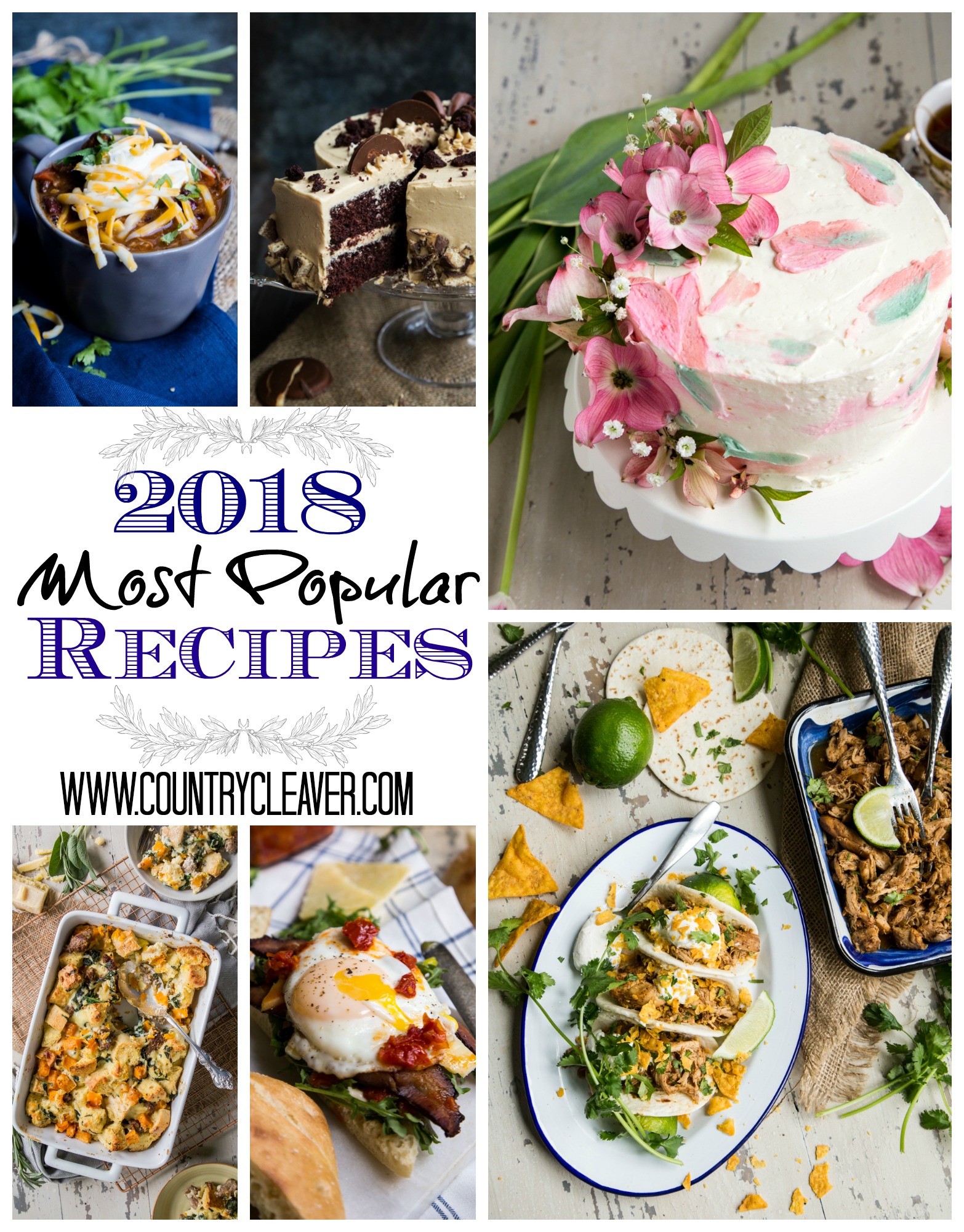 2018 Most Popular Recipes collage with cake chicken chili and more