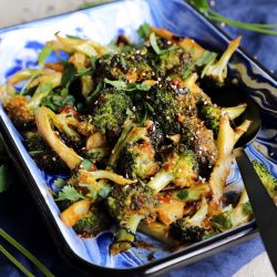 Szechuan Roasted Broccoli on blue napkin