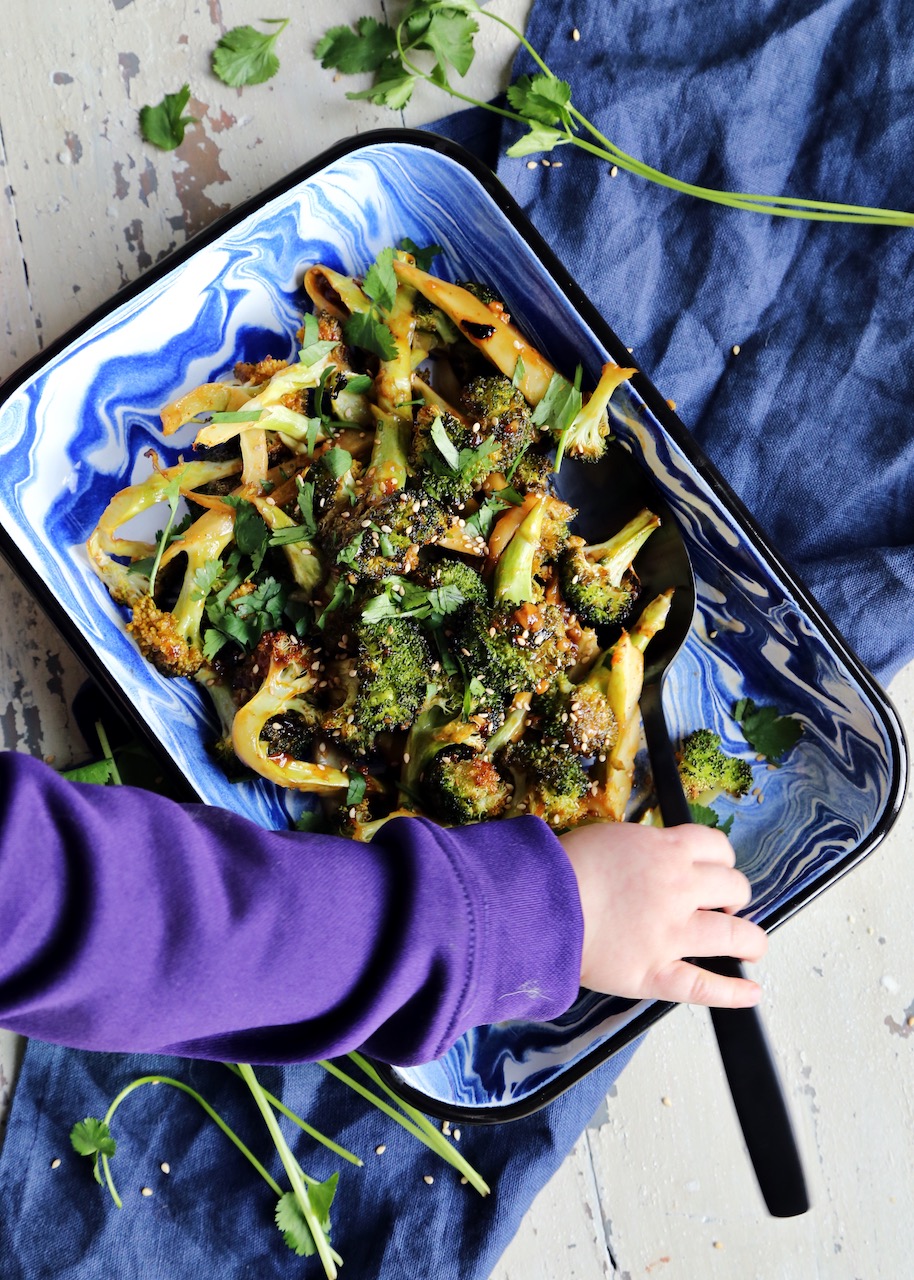 Szechuan Roasted Broccoli with little baby hands