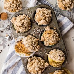 Pumpkin muffins in a antique metal tin on a white board background