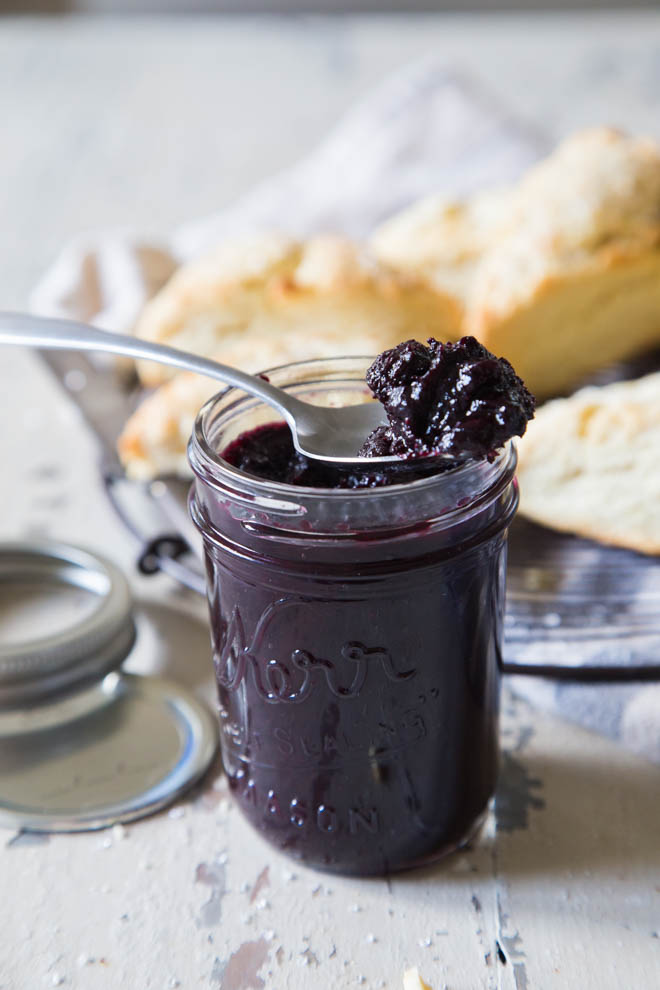 homemade blueberry butter is a zero waste recipe! Pictured out of the jar with homemade scones