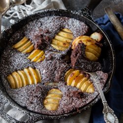 Overhead view of Chocolate Chai Pear Skillet Cake