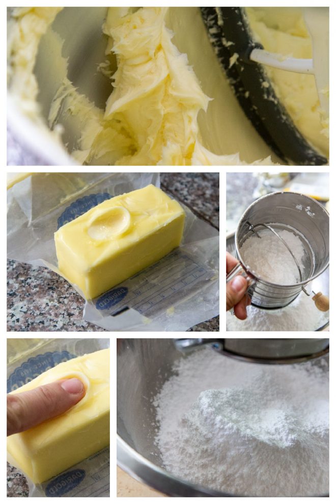 steps of softening butter and powdered sugar sifting