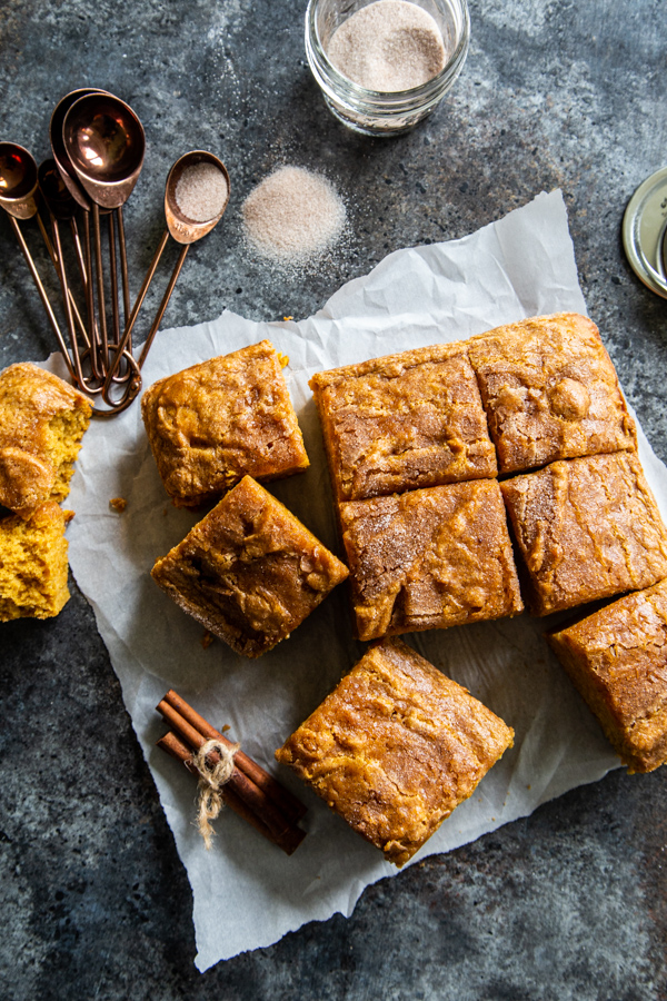 Overhead view of pumpkin snack cake cut into squares