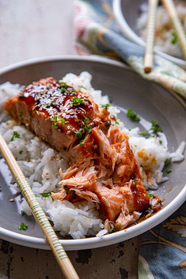 Flaky Teriyaki Glazed Salmon on bed of white rice